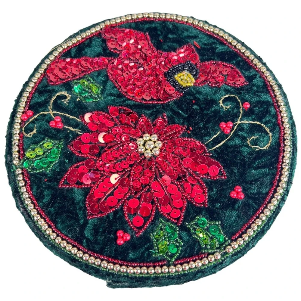 Velvet Gift Box Green Red Sequin Cardinal Poinsettia Round Christmas Red Trinket